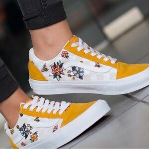 Vans Old Skool Cottage Checkerboard Floral Mustard Yellow Suede Shoes